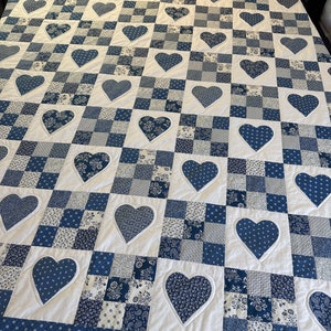 Blue and Cream Heart and Nine Patch King Size Quilt
