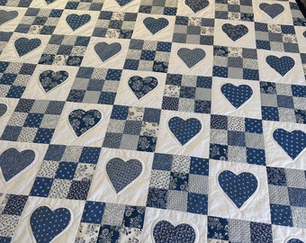 Blue and Cream Heart and Nine Patch King Size Quilt