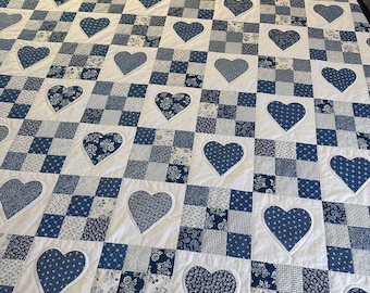 Blue and Cream Heart and Nine Patch King Size Quilt