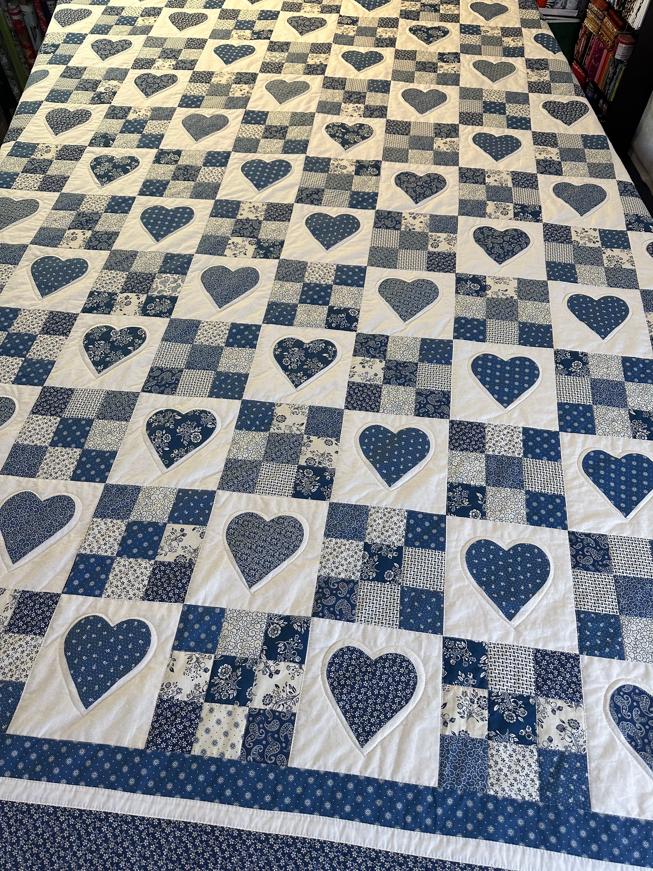 Blue and Cream Heart and Nine Patch King Size Quilt