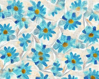 Dancing Blossoms in Turquoise on Cream by QT Fabrics Quality Cotton Fabric by the Yard Continuously Cut Overlapping Florals