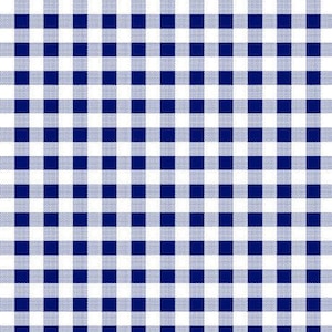 May include: A seamless pattern featuring a classic blue and white gingham design. The pattern consists of evenly spaced squares, creating a checkered effect. The color scheme is a bright white and a deep navy blue.