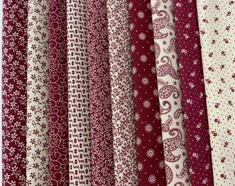 Burgundy And Cream Old Fashioned Look Cotton Fabric by the Yard, Fat Quarters Premium Quilting Cotton Fabric Continuous Cut