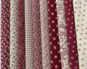 Burgundy And Cream Old Fashioned Look Cotton Fabric by the Yard, Fat Quarters Premium Quilting Cotton Fabric Continuous Cut