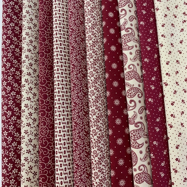 Burgundy And Cream Old Fashioned Look Cotton Fabric by the Yard, Fat Quarters