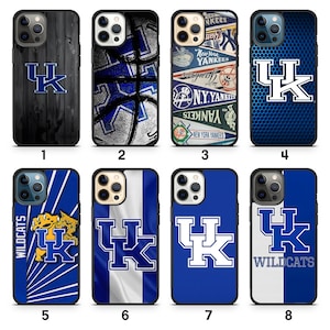 May include: Collection of eight phone cases featuring various designs. The cases showcase the University of Kentucky Wildcats logo, basketball patterns, and New York Yankees branding. Colors include blue, white, and black.