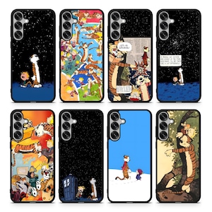 May include: A collection of eight phone cases featuring cartoon illustrations of a boy and a tiger. The cases have black borders and various backgrounds, including starry skies, comic strips, and solid colors. The boy and tiger are in different poses and settings.