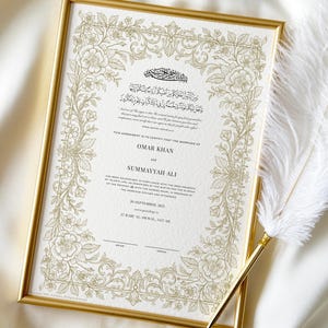 Floral Nikkah Certificate with Feather Pen | A4 Personalised Custom Nikkah Nama | Premium Islamic Wedding Contract Gift | 2025 Design