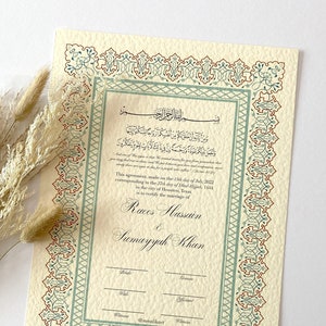 Certificado Nikkah de lujo A3 con pluma / Nikkah Nama personalizado A3 / Regalo premium de contrato de boda islámico / Verde menta