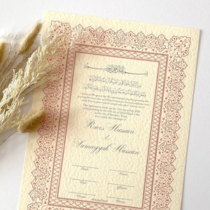 Certificado Nikkah de lujo A3 con pluma / Nikkah Nama personalizado A3 / Regalo premium de contrato de boda islámico / Rosa rosa