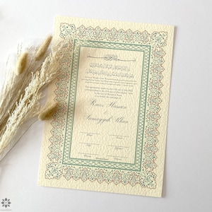 A4 Luxury Nikkah Certificate with Feather Pen | A4 Personalised Custom Nikkah Nama, Premium Islamic Wedding Contract Gift | Mint Green