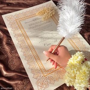 Certificado Nikkah de lujo A3 con pluma / Regalo premium de contrato de boda islámica / Nikkah Nama personalizado / Matrimonio musulmán