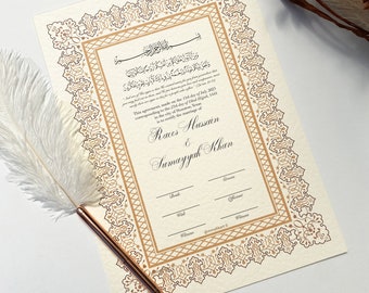 Luxury Nikkah Certificate with Feather Pen | A4 Personalised Custom Nikkah Nama | Premium Islamic Wedding Contract Gift | Neutral