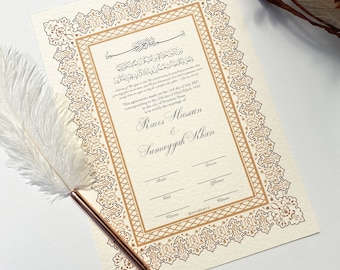 Luxury Nikkah Certificate with Feather Pen, Premium A4 Islamic Wedding Contract, Nikkah Nama, Muslim Marriage Certificate, Quran Verse