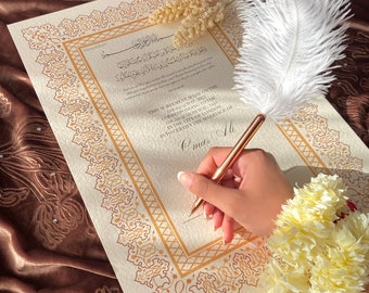 A3 Luxury Nikkah Certificate with Feather Pen | A3 Personalised Custom Nikkah Nama | Premium Islamic Wedding Contract Gift | Neutral