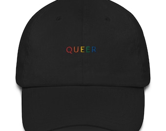 May include: A black baseball cap with the word "QUEER" embroidered in rainbow colors.