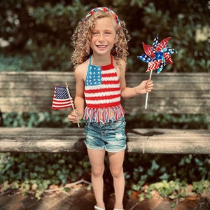 Pattern American Flag Crochet Top, Crochet Halter Top, 4th of July Top, USA, Red, White and Blue Crochet Top, Girls Crop Top, PDF Pattern