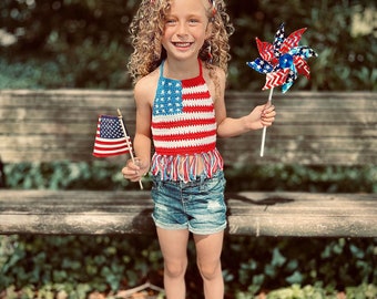 Pattern American Flag Crochet Top, Crochet Halter Top, 4th of July Top, USA, Red, White and Blue Crochet Top, Girls Crop Top, PDF Pattern