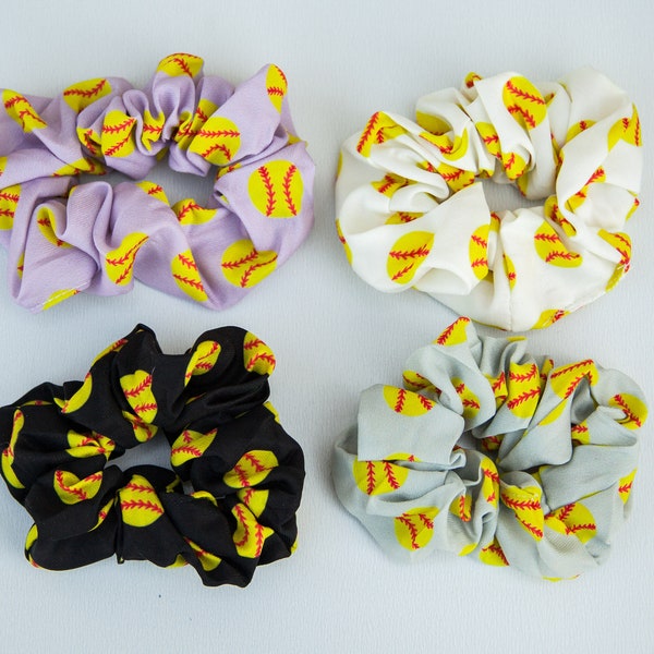 SOFTBALL Scrunchies, Hair Ties, 4 Pack, Hair Accessories, Gentle Hair Elastic, Girls Sports, Stocking Stuffer, Team Gift, Coach Gift