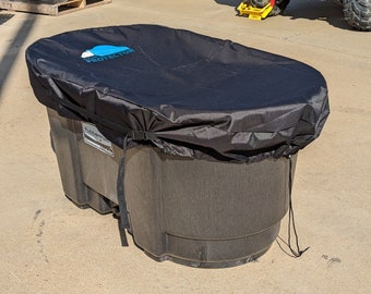 May include: Black plastic storage container with a black cover. The cover has the words "Pool Protector" printed on it in blue. The container is sitting on a concrete surface.