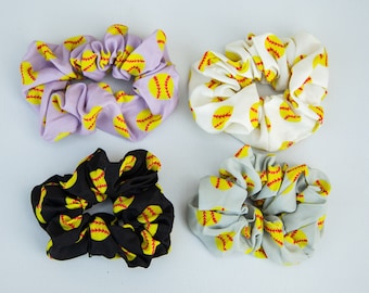 SOFTBALL Scrunchies, Hair Ties, 4 Pack, Hair Accessories, Gentle Hair Elastic, Girls Sports, Stocking Stuffer, Team Gift, Coach Gift