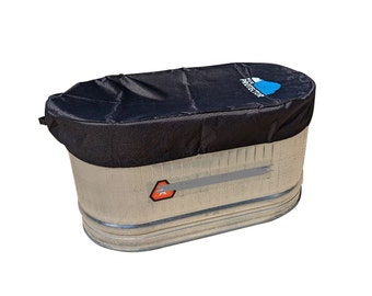 May include: A black cover for a metal stock tank. The cover has the words "Stock Protector" printed on it in white. The tank is made of galvanized steel and has a rounded shape.