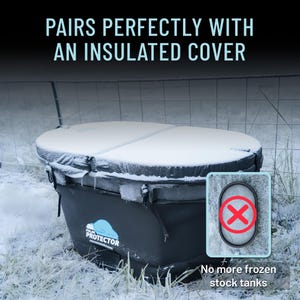 May include: A black insulated stock tank cover with a white snow-covered top. The text "PAIRS PERFECTLY WITH AN INSULATED COVER" is at the top. The image also includes a graphic that says "No more frozen stock tanks."