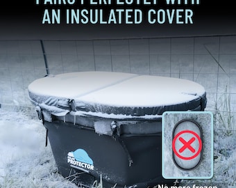 May include: A black insulated stock tank cover with a white snow-covered top. The text "PAIRS PERFECTLY WITH AN INSULATED COVER" is at the top. The image also includes a graphic that says "No more frozen stock tanks."