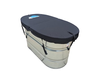 May include: A galvanized steel stock tank with a black cover. The cover has the word "PROTECTOR" in blue text. The tank is oval-shaped and has a black cover with straps to secure it.