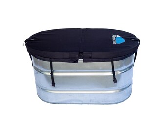 May include: A galvanized metal stock tank with a black cover. The cover has the word "PROTECTOR" printed on it in white and a blue graphic. The tank has black straps to secure the cover.