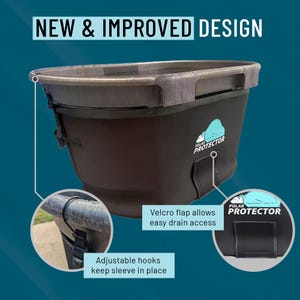 May include: A black Polar Protector sleeve with a brown top rim. The sleeve has adjustable hooks, a Velcro flap for drain access, and the text "NEW & IMPROVED DESIGN". The Polar Protector logo is visible.