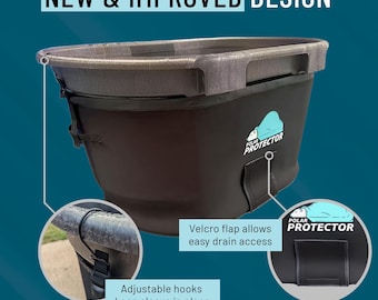 May include: A black Polar Protector sleeve with a brown top rim. The sleeve has adjustable hooks, a Velcro flap for drain access, and the text "NEW & IMPROVED DESIGN". The Polar Protector logo is visible.