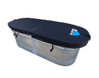 May include: A black cover for a galvanized steel stock tank. The cover is secured with black cords and features the text "Tank Protector" with a blue graphic. The tank is oval-shaped and sits on a white background.