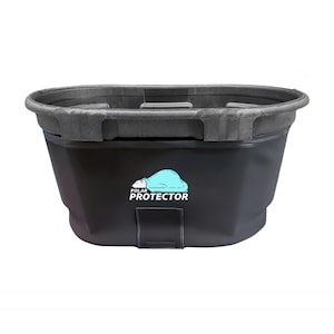 May include: A black, oval-shaped container with a gray rim and the words "POLAR PROTECTOR" and a light blue polar bear logo. The container has a handle on the front and is designed to hold items.