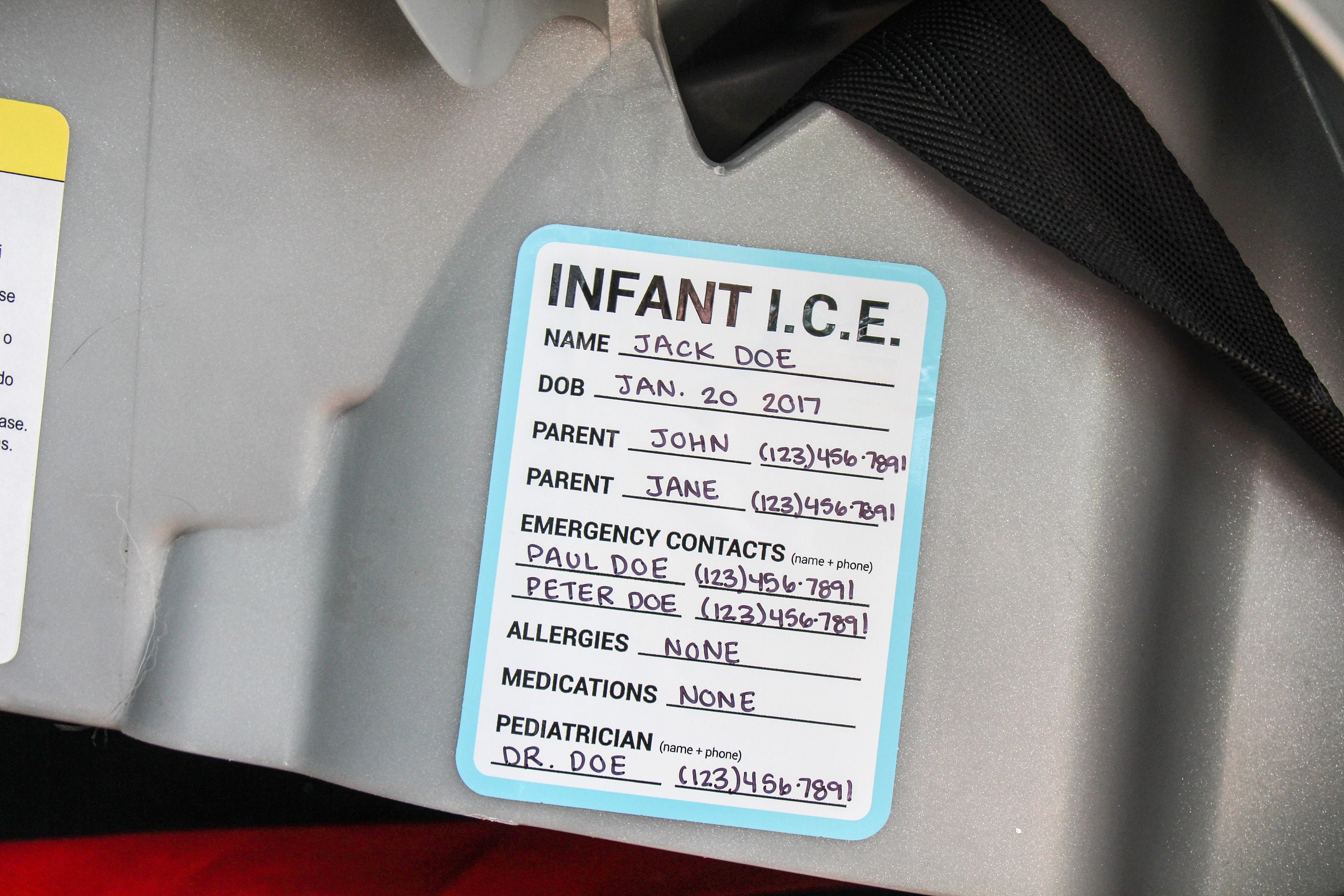 20-Pack ICE Emergency Info Stickers For Baby Car Seats & Strollers - Bright Orange, 4.1" X 2.9", Self-Adhesive Safety Labels