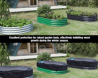 May include: Green metal raised garden beds with black covers for winter protection. The beds are in a backyard setting with a wooden cabin in the background.