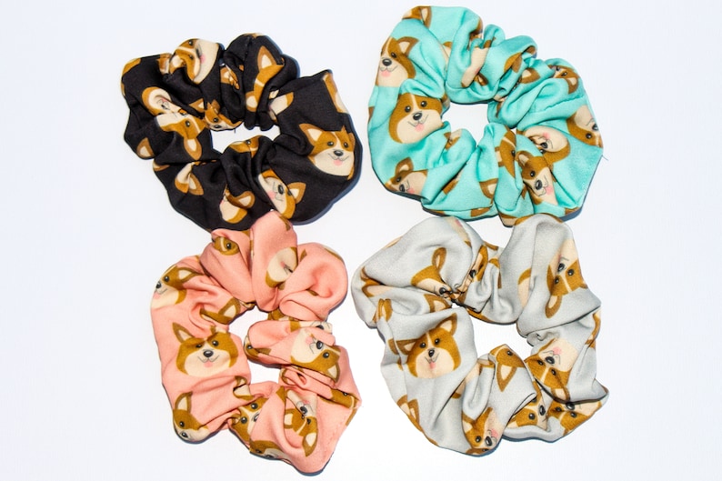 DOG, CORGI Hair Scrunchies, Hair Ties, Gentle Hair Elastic, Hair Accessories, Cotton, Strong Elastic, High Quality Unique Gift 4 Pack image 1