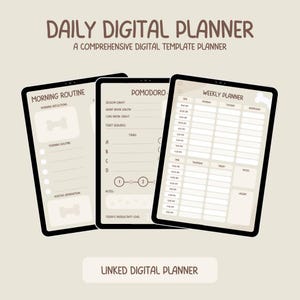 May include: A digital planner template with three sections: Morning Routine, Pomodoro, and Weekly Planner. Each section has a light brown background with white text and icons. The template is designed for use on a tablet or computer.