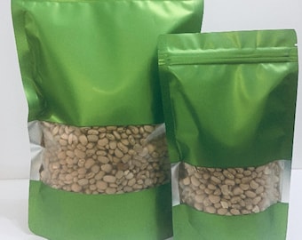 Resealable Pouch Bags Green Window Zipper Aluminum Foil Food Packaging Bean Coffee Tea Nut Stand Up Flat Bottom Pouch 100 Pieces
