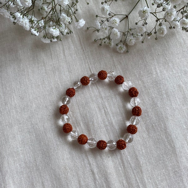 Rudraksha Clear Quartz Bracelet - Rudraksha Beaded Bracelet - Unisex Gift