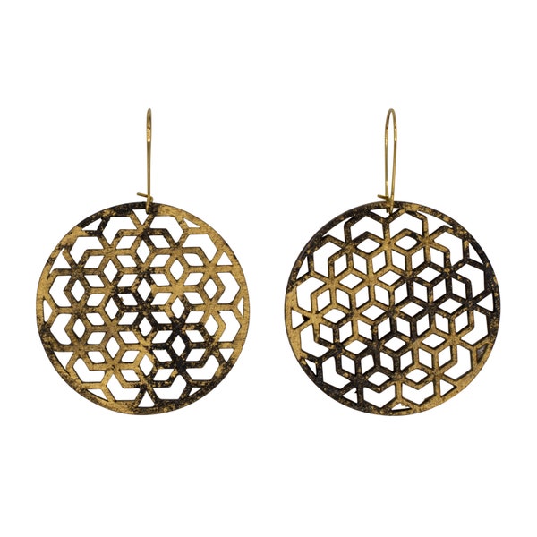 23k gold -plated black wood earrings. Lightweight statement jewellery. Minimalist fashion accessory | Circular Hexagons by ELEMENT OF GLAM