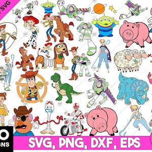 May include: A collection of 240 layered SVG designs featuring characters from the Toy Story franchise. The designs include Woody, Buzz Lightyear, Jessie, Mr. Potato Head, and other beloved characters in various poses. The image also includes the text "SVG, PNG, DXF, EPS".