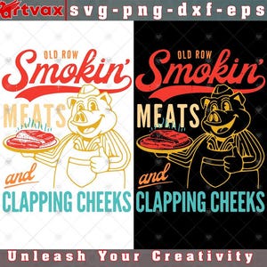 Puede incluir: Un gráfico digital con el texto "Old Row Smokin' Meats and Clapping Cheeks" en rojo, amarillo y turquesa. También se incluye un chef de cerdo de dibujos animados que sostiene una fuente de carne. La imagen está dividida, con un lado sobre un fondo blanco y el otro sobre negro.