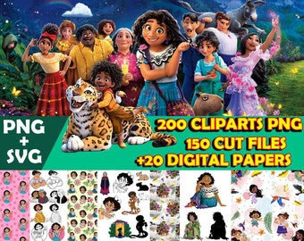 May include: A digital clipart set featuring characters from the animated film "Encanto". The set includes 200 clipart images in PNG format, 150 cut files, and 20 digital papers. The characters are depicted in a colorful and vibrant style, with a jungle background.