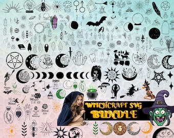 May include: A digital download of 100+ black and white witchcraft SVG files. The images include moons, stars, crystals, hands, a witch's cauldron, a witch's hat, and more. The text "Witchcraft SVG Bundle" is in the center of the image.