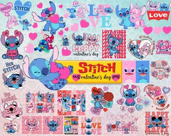 Könnte beinhalten: Eine Sammlung digitaler Cliparts mit Stitch aus Lilo & Stitch in verschiedenen Posen und Umgebungen, darunter Herzen, Blumen und der Text "Love Vibes" und "Happy Valentine's Day".