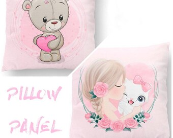 Kissenplatte für Mädchen, Mädchen mit Katze, Teddybär, Panel zum Nähen, Mädchen Stoff panel, 38x38 cm