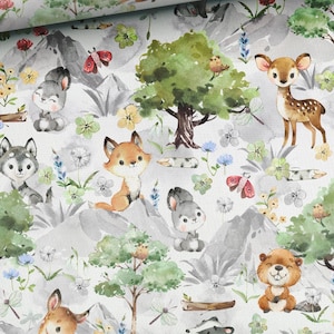 Baumwollstoff mit kleinen Waldtieren, Kinderzimmerstoff mit Waldfreunden, Waldtextil, Babystoff, höchste Qualität