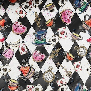 Alice im Wunderland Schachbrett Baumwollstoff, Kinderzimmerstoff, Premiumtextil, Tuch für Baby, höchste Qualität