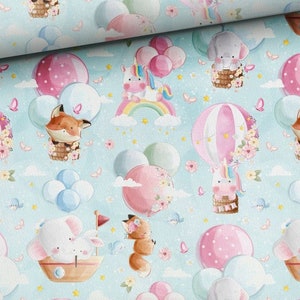 Schattige dieren met ballonnen katoenweefsel, vossen kwekerij stof, regenboogkatoen, doek voor baby, heteluchtballon kwekerij